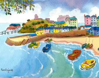 Akvarelltryck av Tenby Pembrokeshire: Konst med havslandskap i västra Wales (23x18 cm)