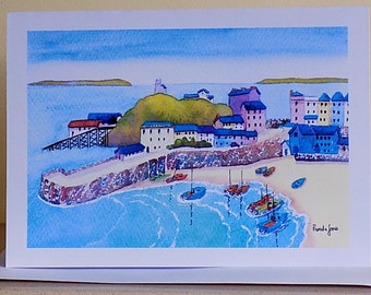 Carte Tenby Harbour, carte du Pembrokeshire, carte de l'ouest du pays de Galles, carte de voeux artistique, carte vierge, taille A5, de my, aquarelle originale, anniversaire