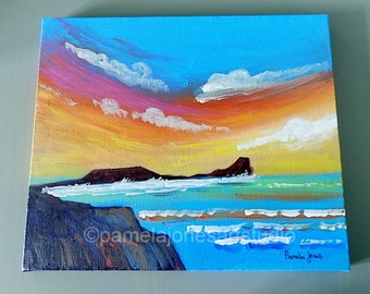 Sonnenuntergang, Worms Head, Rhossili Bay, Gower, Wales, Acrylmalerei auf 30 cm x 25cm, Gespannte Leinwand, Geschenkidee, Wohndeko, Original Gemälde