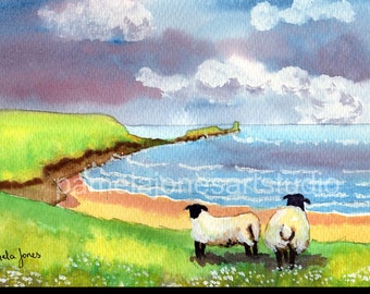 Rhossili Bay, Sheep, Gower, South Wales, Watercolour Print, in 14 x 11'' Mount, Welsh Landscape, Gift Idea, Art and Collectibles, Home Decor