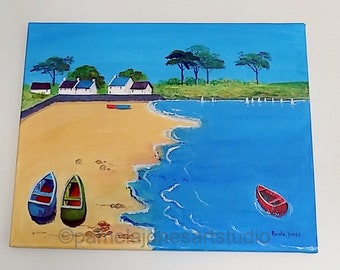 Original, Acrylic Painting, Canvas, Beach Cottages, Boats, Brittany, France, 20 x 16 ins, Gift Idea, Art and collectibles