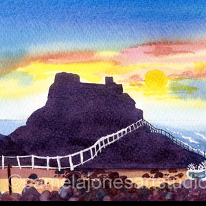 Sunrise, Lindisfarne, Holy Island, Northumberland, Original Watercolour, Painting, 14 x 11 &#39;&#39;, Fathers Day,  Gift Idea, Home Decor, Wall Art