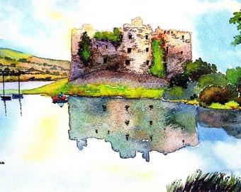 Watercolour Print, Carew Castle, Pembrokeshire, West Wales, in 9 x 7'' Mount, Gift Idea, Art and Collectables, Home And Living, Wall Art