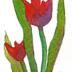 ACEO, Acuarela original, Tulipanes rojos, 3,5 x 2,5'', Pintura en miniatura, Tarjeta comercial, Idea de regalo, Arte y coleccionables, Arte pequeño, Coleccionar