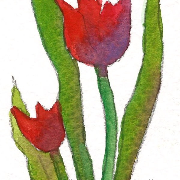 ACEO, Original Watercolour, Red Tulips, 3.5 x 2.5ins, Miniature Painting, Trading Card, Gift Idea, Art And Collectibles