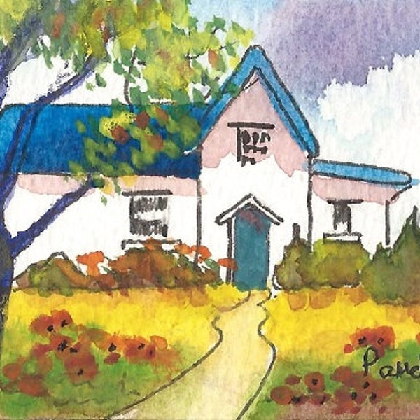 ACEO, Original Watercolour, Country Cottage, Miniature Painting, 3.5 x 2.5 in, Home and Living, Gift Idea, Art And Collectibles, Home Decor