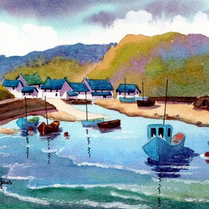 Solva Hafen Aceo, Pembrokeshire Aceo, Wales Aceo, Aquarell Druck, Boote, 3,5 x 2,5 ", Miniaturkunst, kleine Kunst, Sammelkarte, walisische Kunst