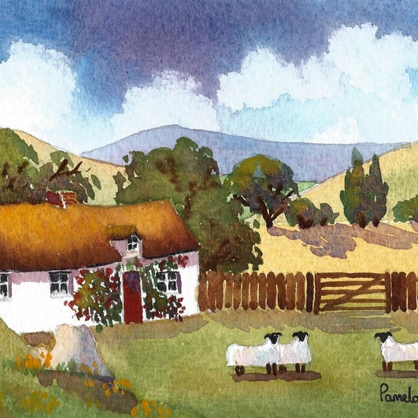 Original Watercolour  Country Thatched Cottage with sheep