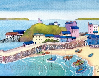 Akvarelltryck i Tenby hamn: Pembrokeshire kustkonst (14x11" montering)