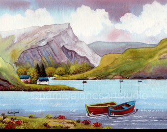 Tal Y Llyn Lake, Snowdonia, North Wales, Landscape, Watercolour Print, in 14 x 11 '' Mount, Gift Idea, Art And Collectibles, Home and Living