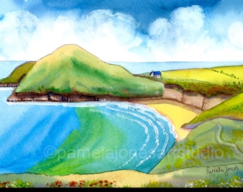Original Watercolour, Mwnt Beach, and Little White Church, Cardigan Bay, Wales, in 14 x 11'' Mount, Gift Idea, Art and Collectibles