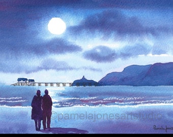Watercolour Print, Moonlight Stroll, Mumbles, Wales, in 8 x 6'' Mount, Gift Idea, Art And Collectibles, Home and Living, Home decor, Art