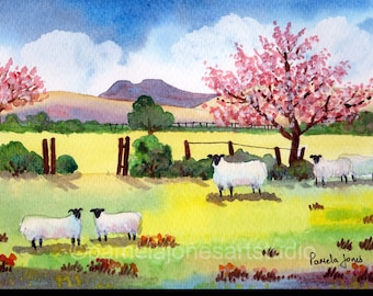 Fleurs de cerisier, moutons, Brecon Beacons, Pays de Galles du Sud, aquarelle originale, peinture, monture de 14 x 11 po., idée cadeau, art et objets de collection, art