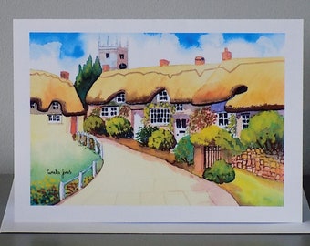 Art Greetings Card, Godshill, isle Of Wight, Size A5, from my, original watercolour, blank inside, Note Card, Thatched Cottages