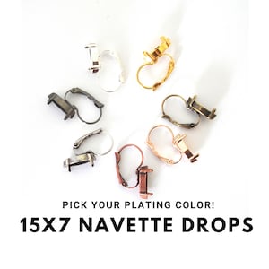May include: Seven earring settings in different plating colors: silver, gold, rose gold, antique brass, antique silver, gunmetal, and copper. Each setting is designed to hold a 15x7 mm navette drop.