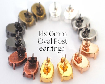 Pode incluir: Conjunto de brincos de poste oval de 14x10 mm em vários acabamentos metálicos, incluindo prata, ouro, cobre e preto. Os brincos estão dispostos em círculo sobre uma superfície branca.