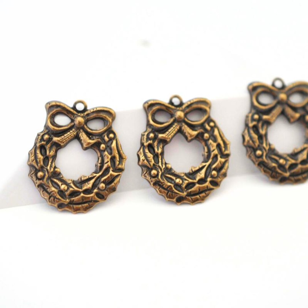 アンティーク真鍮製オックスホリデーリース リボン付き 真鍮チャーム