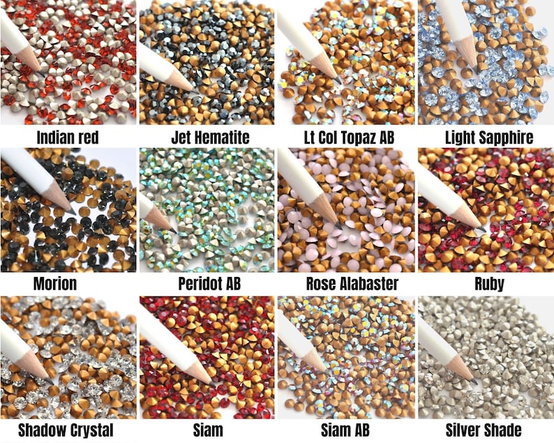 May include: Assortment of 12 colors of rhinestones, each color is displayed in a separate square. The rhinestones are small and have a pointed top. The colors are: Indian red, Jet Hematite, Lt Col Topaz AB, Light Sapphire, Morion, Peridot AB, Rose Alabaster, Ruby, Shadow Crystal, Siam, Siam AB, and Silver Shade.