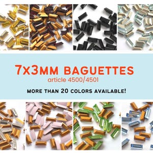 May include: Assortment of 7x3mm baguette rhinestones in various colors, including gold, silver, black, light blue, green, and pink.  Article 4500/4501. More than 20 colors available.