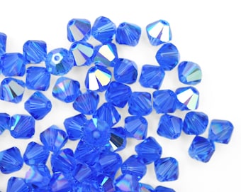6mm Sapphire AB Bicone 5328 Barton Crystal Beads, Made In Austria, The Highest Quality! Austrian Crystal, Double Cone Shape, Blue