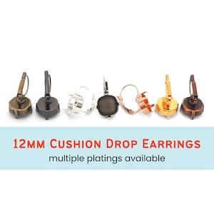 12MM Cushion 4470 Rounded Square Drop Earring Bases for Austrian Crystals, Lever Back Blanks, Highest Quality, Plated In The USA, Cup Chain