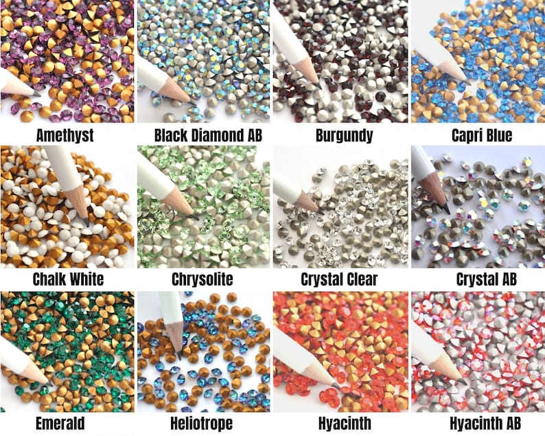 May include: Assortment of 12 colors of rhinestones, including amethyst, black diamond AB, burgundy, capri blue, chalk white, chrysolite, crystal clear, crystal AB, emerald, heliotrope, hyacinth, and hyacinth AB.