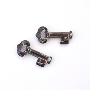 May include: Two black metal skeleton keys with intricate designs. The keys are on a white background.