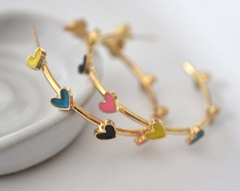 Gold Plated Hoops with Rainbow Enamel Hearts  - 1 Pair of Earrings