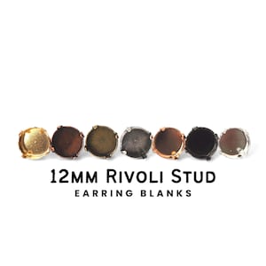 May include: A set of 12mm Rivoli stud earring blanks in six different metal finishes: gold, copper, antique brass, silver, black, and antique silver.  12MM RIVOLI STUD EARRING BLANKS