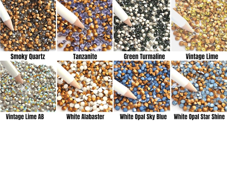 May include: Assortment of small, faceted, glass rhinestones in various colors, including smoky quartz, tanzanite, green tourmaline, vintage lime, vintage lime AB, white alabaster, white opal sky blue, and white opal star shine.