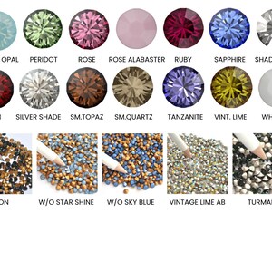 May include: Assortment of 18 different colored glass rhinestones, including Pacific Opal, Peridot, Rose, Rose Alabaster, Ruby, Sapphire, Shadow Cry, Siam, Silver Shade, SM.Topaz, SM.Quartz, Tanzanite, Vint. Lime, Wht. Alab, Morion, W/O Star Shine, W/O Sky Blue, Vintage Lime AB, and Tourmaline.