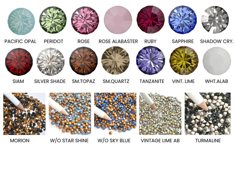 May include: Assortment of 18 different colored glass rhinestones, including Pacific Opal, Peridot, Rose, Rose Alabaster, Ruby, Sapphire, Shadow Cry, Siam, Silver Shade, SM.Topaz, SM.Quartz, Tanzanite, Vint. Lime, Wht. Alab, Morion, W/O Star Shine, W/O Sky Blue, Vintage Lime AB, and Tourmaline.