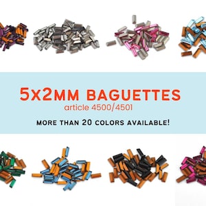 Peut inclure: Assortiment de strass en verre de forme baguette de 5x2 mm en différentes couleurs. Plus de 20 couleurs disponibles. Article 4500/4501.