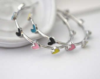 Silver Plated Hoops with Rainbow Enamel Hearts  - 1 Pair of Earrings