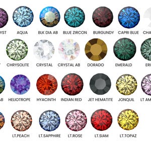 May include: Chart of 24 round, faceted, glass rhinestones in various colors, including amethyst, aqua, black diamond, blue zircon, burgundy, capri blue, chalk white, cherry, chrysolite, crystal, crystal AB, dorado, emerald, erinite, erinite AB, heliotrope, hyacinth, Indian red, jet hematite, jonquil, light amethyst, light AB, light peach, light sapphire, light rose, light Siam, and light topaz.