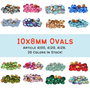 May include: An assortment of oval-shaped rhinestones in multiple colours, such as pink, blue, and green. The text "10x8MM OVALS" is shown, along with article numbers and the phrase "30 COLORS IN STOCK!"