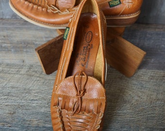 Vintage 1970's Nobil's Trackers Ladies Brazil Leather Wood Heel Wedge Loafers Size 10