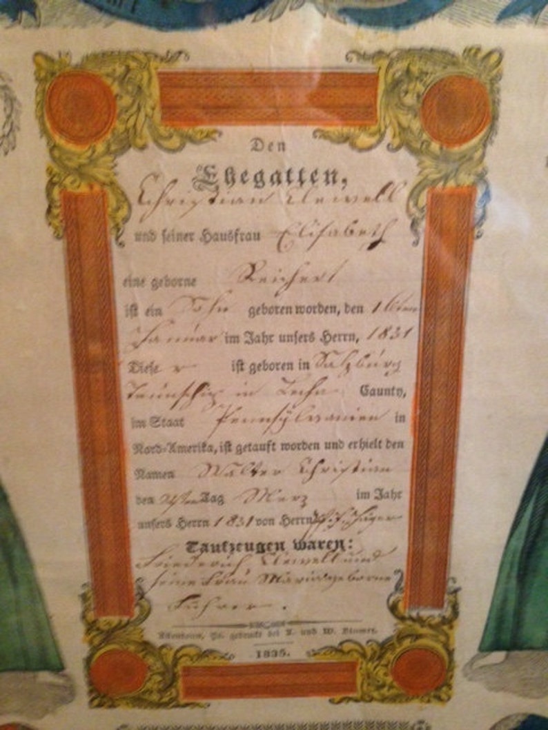 1830's German Birth and Baptism Certificate from Etsy