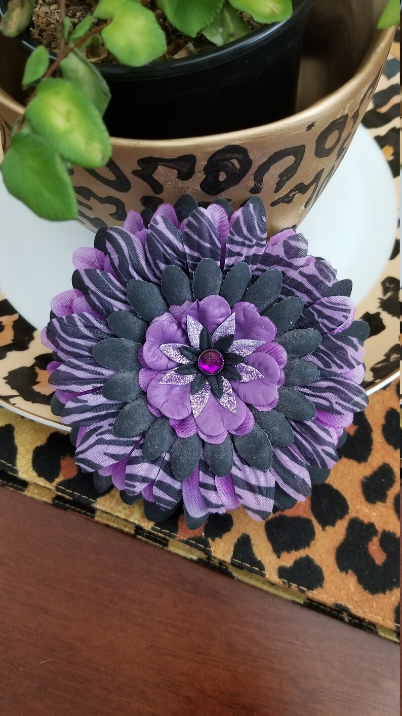 Purple Black Animal Print Glitter Center Flower Hair Clip Handmade Add a bit if color to your hair Adults Teens Ready to Ship!