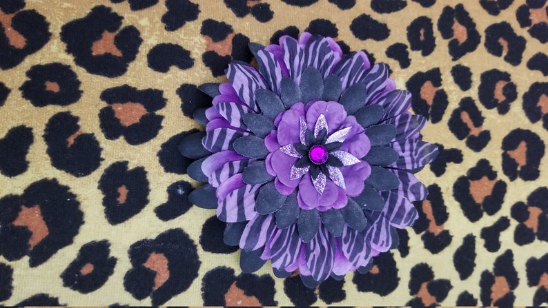 Purple Black Animal Print Glitter Center Flower Hair Clip Handmade Add a bit if color to your hair Adults Teens Ready to Ship!