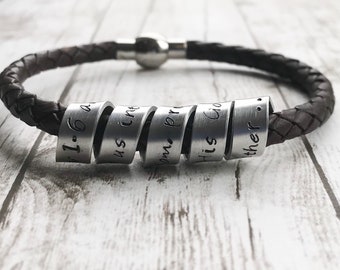Leather Bracelet Gift for Him, Custom Jewelry, Personalized Hand Stamped Gift, Hidden Message Scroll