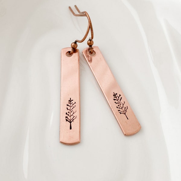 Copper Earrings, Copper Tree Dangle Earrings, Hand stamped Copper Earring, Christmas Gift for Her, Gift for Friend