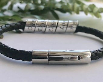 Personalized Leather Bracelet, Gift for Boyfriend, Braided Leather Bracelet, Husband Anniversary Gift, Stamped Leather bracelet for him