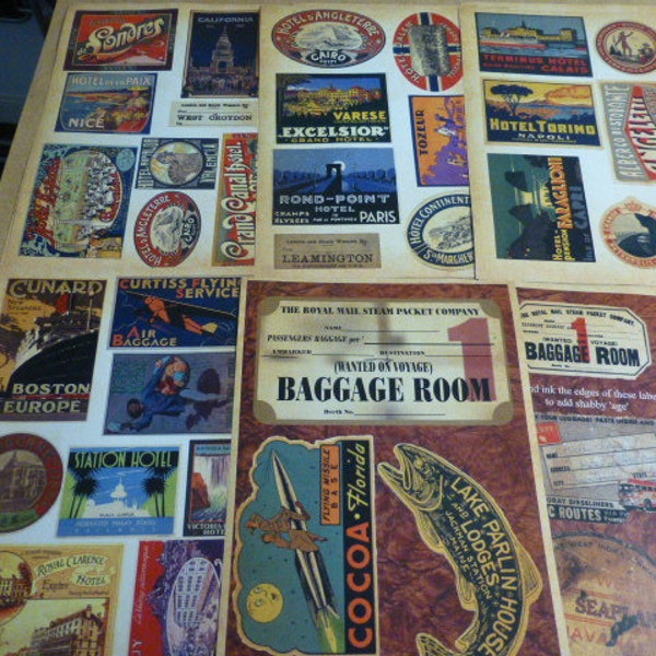 80+ Repro vintage world luggage labels - DIY decorate old steamer trunk, suitcase, wooden chests - cut and paste paper labels DECOPAGE