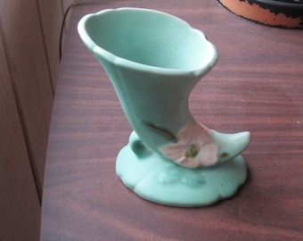 Vintage Weller Wild Rose Cornucopia Vase, green