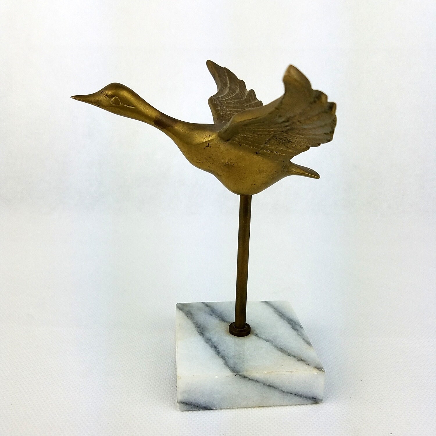 Mid Century Flying Brass Bird on Marble Stand Duck Paperweight Etsy
