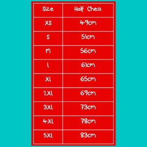 Feeline Fragile Cat Hoodie size chart by Innabox with half chest measurements from XS to 5XL in centimetres. Inclusive unisex sizing guide displayed on a bright red background for easy reference when choosing your perfect hoodie fit.