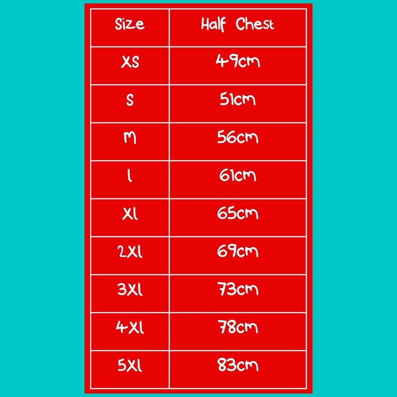Feeline Fragile Cat Hoodie size chart by Innabox with half chest measurements from XS to 5XL in centimetres. Inclusive unisex sizing guide displayed on a bright red background for easy reference when choosing your perfect hoodie fit.