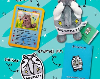 Antxiety Anteater Plush Toy Bundle - Anxiety - Neurodiversity - Chronic Illness - Spoonie Gift  - Invisible Illness - Pokemon