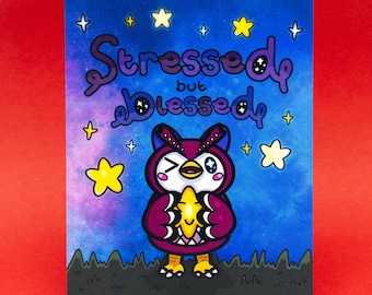 Stressed But Blessed Celeste Postcard - Spoonie - Cosy Gaming - Mental Health Postcard - Disability - Chronic Fatigue - Celestial